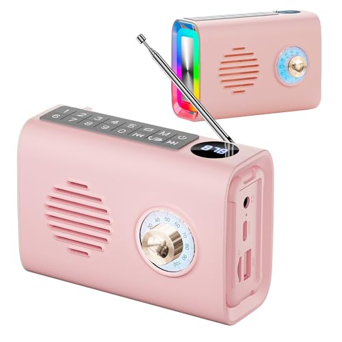 Portable Bluetooth Speaker With Light,Vintage FM Radio With RGB Light, Strong Bass Enhancement,with U Disk/TF Card/Aux Player Function,Solar Powered Wireless Speakers for Home, Office Decor (Rosa) von fesoklaf