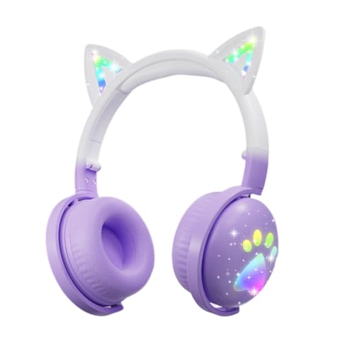 fesoklaf Kinder-Kopfhörer, kabellos, Bluetooth 5.3, niedliche Katzenohr-Kopfhörer mit RGB-Beleuchtung, Stereo-Sound, faltbare Over-Ear-Kopfhörer für Reisen, Schule (Lila), JS-9011 von fesoklaf