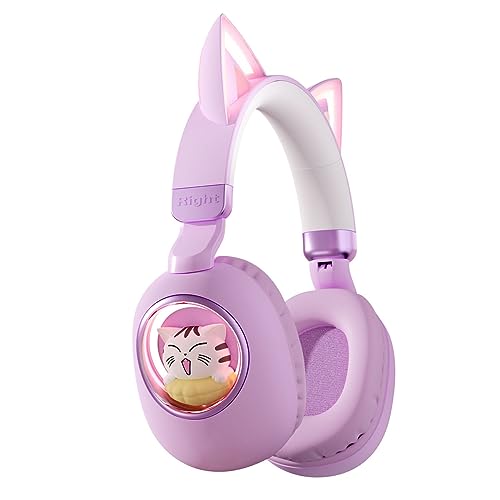 fesoklaf Kinder Kopfhörer Bluetooth 5.3, 3D Katzenohr Kopfhörer mit LED-Licht, Kabellose Kinderkopfhörer mit Mikrofon, Tragbare Over-Ear-Kopfhörer für iPad/Kindle/Tablet (Lila) von fesoklaf