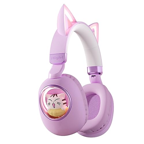 fesoklaf Kinder Kopfhörer Bluetooth 5.3, 3D Katzenohren Kopfhörer mit LED-Licht, Kabellose Kinderkopfhörer mit Mikrofon, Tragbare Over-Ear-Kopfhörer für iPad/Kindle/Tablet (Lila) von fesoklaf