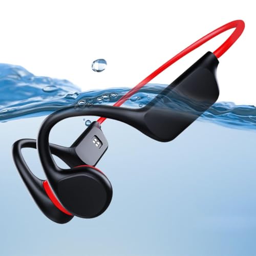 fesoklaf Knochenleitungs-Kopfhörer, IPX8 Wasserdicht Schwimmen Kopfhörer mit 32G Speicher, Bluetooth 5.3 Open Ear Sport Kopfhörer mit Mikrofon Kabellos für Laufen Schwimmen Radfahren Workout (Rot) von fesoklaf