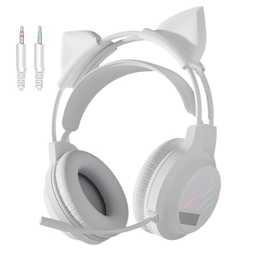 fesoklaf Niedliche Gaming-Kopfhörer mit Mikrofon, RGB-Headset mit Geräuschunterdrückung, Over-Ear-Kopfhörer mit abnehmbaren Katzenohren für Gamer/Streamer/Cosplay (Weiß – 3,5 mm Doppellöcher) von fesoklaf