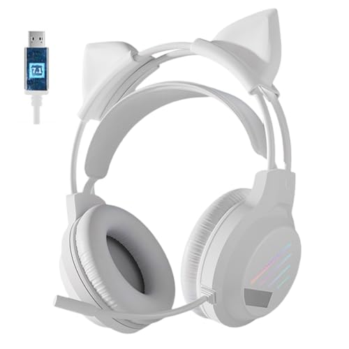 fesoklaf Niedliche Gaming-Kopfhörer mit Mikrofon, RGB-Headset mit Geräuschunterdrückung, Over-Ear-Kopfhörer mit abnehmbaren Katzenohren für Gamer/Streamer/Cosplay (Weiß – 7.1-K-USB) von fesoklaf