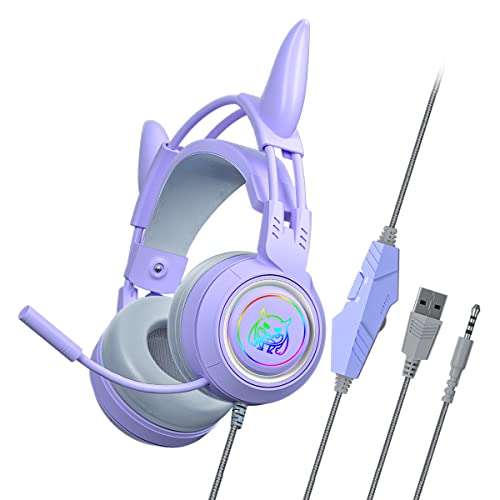 fesoklaf Niedliche Gaming-Kopfhörer mit Mikrofon, RGB-Kabel, mit Geräuschunterdrückung, Over-Ear-Kopfhörer mit abnehmbaren Dämonen-Hörnern für Gamer/Luftschlangen/Cosplay, Violett von fesoklaf