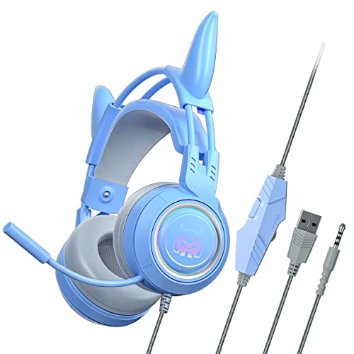 fesoklaf Niedliche Gaming-Kopfhörer mit Mikrofon, RGB-Kabel, mit Geräuschunterdrückung, Over-Ear-Kopfhörer mit abnehmbaren Dämonen-Hörnern für Gamer/Luftschlangen/Cosplay (blau) von fesoklaf