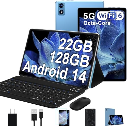 fezawio Android 14 Tablet 10 Zoll 22GB RAM+128GB ROM Octa-Core Tablet 5G WiFi, Mit Tastatur Maus, 8000mAh, (1TB TF) Mit HüLle + EIN Jahr Bildschirm Bruchversicherung-Blau von fezawio