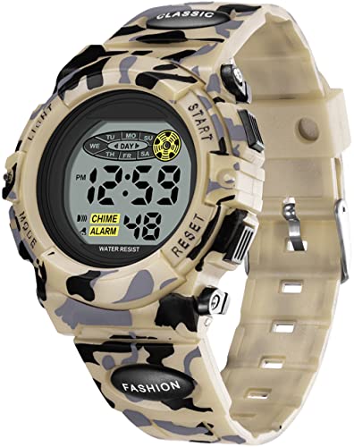 Digital Kinder Uhren für Jugendliche Jungen,Militär Armbanduhr Jungen Digitaluhr mit Wecker Datum Stoppuhr Stunden Signal 12/24H,Wasserdicht Kinderuhr Camouflage Cool(Beige) von findtime