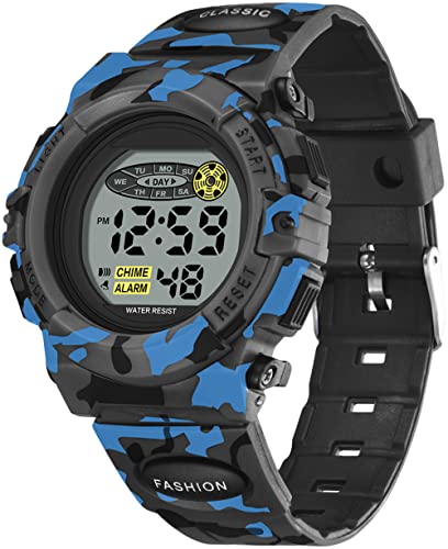 Digital Kinder Uhren für Jugendliche Jungen,Militär Armbanduhr Jungen Digitaluhr mit Wecker Datum Stoppuhr Stunden Signal 12/24H,Wasserdicht Kinderuhr Camouflage Cool(Blau) von findtime