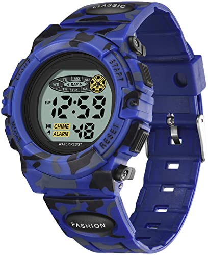 Digital Kinder Uhren für Jugendliche Jungen,Militär Armbanduhr Jungen Digitaluhr mit Wecker Datum Stoppuhr Stunden Signal 12/24H,Wasserdicht Kinderuhr Camouflage Cool(Blau) von findtime