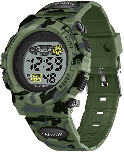 Digital Kinder Uhren für Jugendliche Jungen,Militär Armbanduhr Jungen Digitaluhr mit Wecker Datum Stoppuhr Stunden Signal 12/24H,Wasserdicht Kinderuhr Camouflage Cool(Grün) von findtime