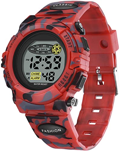 Digital Kinder Uhren für Jugendliche Jungen,Militär Armbanduhr Jungen Digitaluhr mit Wecker Datum Stoppuhr Stunden Signal 12/24H,Wasserdicht Kinderuhr Camouflage Cool(Rot) von findtime