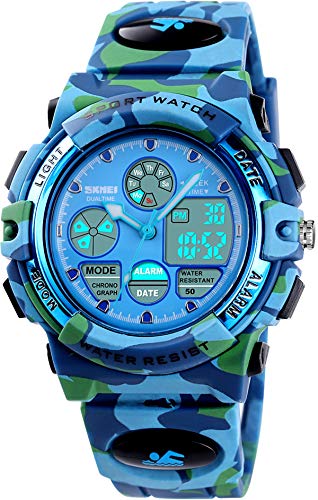 Kinderuhr für Jungen Digital Analog Sportuhr LED 5ATM Wasserdicht Wecker Coole Stoppuhr Elektronische Armbanduhr Blau von findtime