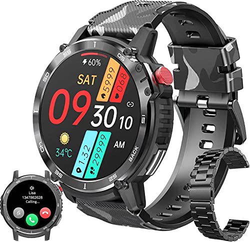 Militärische Smartwatch für den Außenbereich, Bluetooth-Anruf (Annehmen/Telefonieren), Herzfrequenzmesser, Schlaf-Tracker, 4.1 cm (1.6 Zoll) Touchscreen, iOS-Handys, taktischer Schrittzähler von findtime