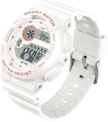 findtime Kinderuhr Junge Weiß Keine Dgitaluhr für Mädchen Jungen Jugendliche mit 5 ATM Wasserdicht/Alarm Stoppuhr/LED Licht/Stoßfest/Kalender Datum von findtime