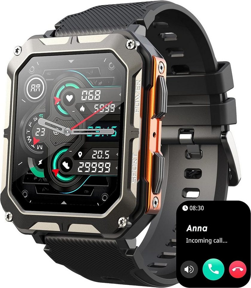 findtime Smartwatch (1,83 Zoll, Android iOS), Herren mit Telefonfunktion Sportuhr Militär Fitnessuhr 123 Sportmodi von findtime