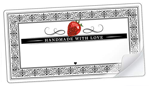 10 STICKER RECHTECKIG WEIß SCHWARZ ROT mit Erdbeere und Ornamente"Handmade with Love" mit Freitextfeld für Erdbeermarmelade, Saft, Erdbeerlimes, Sirup u.v.m. • Format: 96 mm x 50,8 mm, matt von fioniony