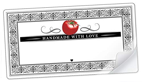 10 STICKER RECHTECKIG WEIß SCHWARZ ROT mit Tomate und Ornamente "Handmade with Love" mit Freitextfeld für Chutneys, Tomatensoße, getrocknete Tomaten • Etiketten Format: 96 mm x 50,8 mm, matt von fioniony