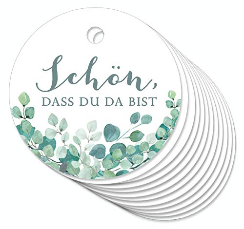 12 Anhänger Schön, dass du da bist mit Eukalyptus in Grün Hängeetiketten Geschenkanhänger Glas Papieranhänger Hangtag Etiketten Gastgeschenke Hochzeit Marmelade Selbstgemachtes 4cm rund matt von fioniony