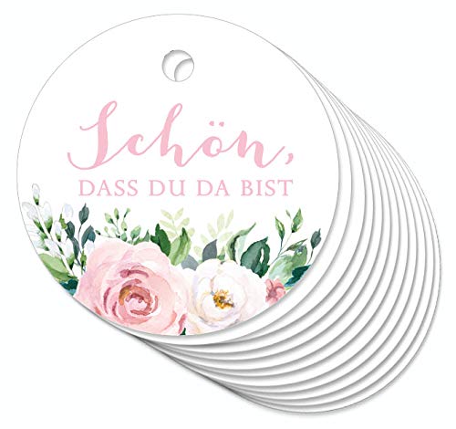 12 Anhänger Schön, dass du da bist mit Rosen in Rosa Hängeetiketten Geschenkanhänger Glas Papieranhänger Hangtag Etiketten Gastgeschenke Hochzeit Marmelade Tischdeko Selbstgemachtes 4cm rund matt von fioniony