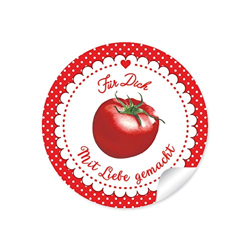 24 STICKER : Süße Aufkleber in ROT mit Punkten, Herz und liebevoll illustrierter Tomate "Für Dich - mit Liebe gemacht" • Zum Dekorieren für Selbstgemachtes 4 cm, rund, matt von fioniony