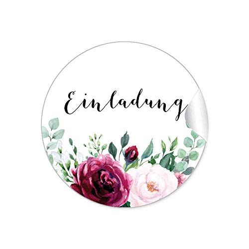 24 STICKER Einladung Etiketten als Siegel BOHO HIPPIE STYLE BLÜTEN ROSEN GRÜN ROT ROSA SCHWARZ Briefumschläge Anhänger oder Postkarten zur Hochzeit Geburtstag Taufe von fioniony