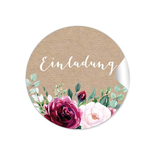 24 STICKER Einladung Etiketten als Siegel BOHO KRAFTPAPIER OPTIK BLÜTEN ROSEN GRÜN ROT ROSA BRAUN Briefumschläge Anhänger oder Postkarten zur Hochzeit Geburtstag Taufe von fioniony