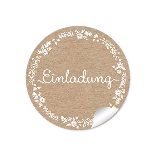 24 STICKER Einladung Etiketten als Siegel in Natur Kraftpapier Look mit weißer Blütenranke für Briefumschläge Anhänger oder Postkarten zur Hochzeit Geburtstag Taufe, 4 cm, matt von fioniony