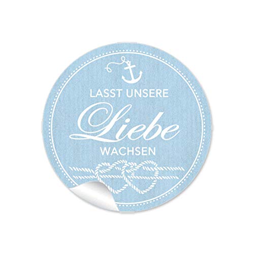 24 STICKER Lasst unsere Liebe wachsen Etiketten mit Anker Herz aus Tau im Maritim Look in Blau für Samen Tüten Reagenzglas Blütensamen zur Hochzeit Geburtstag Taufe, 4 cm, rund, matt von fioniony