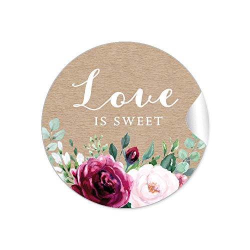 24 STICKER Love is Sweet Etiketten für ihr Gastgeschenk BOHO KRAFTPAPIER OPTIK BLÜTEN ROSEN GRÜN ROT ROSA BRAUN zum beschriften von Selbstgemachtes, Briefen oder Geschenkverpackungen von fioniony