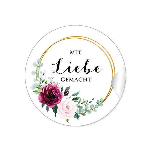24 STICKER Mit Liebe gemacht Etiketten für ihr Gastgeschenk mit roter Rose und zwei Ringe in Goldgelb kein Echtgold zum beschriften von Selbstgemachtes, Briefen oder Geschenkverpackungen von fioniony