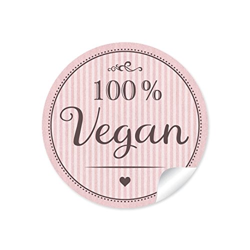 24 STICKER:"100% Vegan" 24 Edle Etiketten im"Retro-Vintage-Style" mit Herz für selbst gemachte Speisen wie Marmelade, Sirup, Saft, Öl, Gewürze • Papieraufkleber 4 cm, rund, matt in Rosa von fioniony