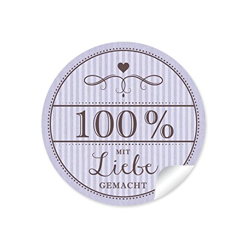 24 STICKER:"100% mit Liebe gemacht" 24 Edle Etiketten im"Retro-Vintage-Style" mit Herz und Ornamente • 4 cm, rund, matt für selbst gemachte Marmelade, Plätzchen, zum Backen oder Kochen in Lila von fioniony