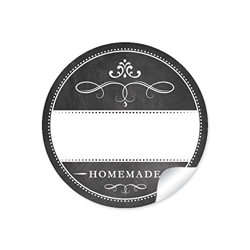 24 STICKER: 24 Edle Gewürzetiketten für die Küche im "Kreide-Tafel-Look" in anthrazit/schwarz Ornamenten "HOMEMADE" und mit größerem Freitextfeld im Format 4 cm, rund, matt) von fioniony