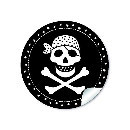 24 STICKER: 24 Geschenkaufkleber PIRAT mit Totenkopf (A4 Bogen) in Schwarz Kindergeburtstag für ein Junge • Papieraufkleber/Sticker/Aufkleber/Etiketten (Format 4 cm, rund, matt) von fioniony