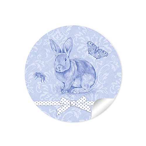 24 STICKER: 24 Retro Aufkleber zu Ostern (A4 Bogen) im Vintage Style in hellblau mit einem süßen Häschen, Biene, Schmetterling und grafischer Geschenkschleife für Ostergeschenke • Sticker 4 cm, rund, matt von fioniony