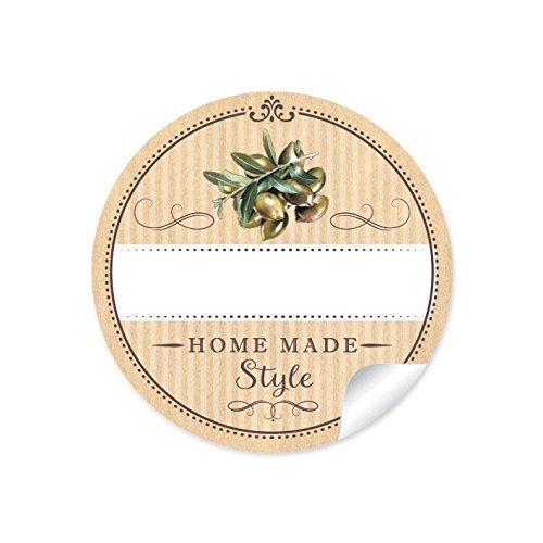 24 STICKER: 24 Schöne Etiketten für die Küche in Natur mit Oliven"Home Made Style" mit Freitextfeld für eingelegte Oliven • 4 cm, rund, matt für eingelegte Oliven, Olivenöl in Glasflaschen von fioniony
