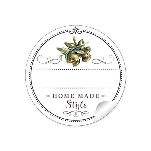 24 STICKER: 24 Schöne Etiketten für die Küche in Weiß mit Oliven"Home Made Style" mit Freitextfeld für eingelegte Oliven • 4 cm, rund, matt für eingelegte Oliven, Olivenöl in Glasflaschen von fioniony