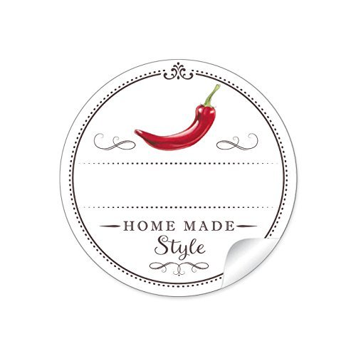 24 STICKER: 24 Schöne Etiketten für die Küche in Weiß mit rotem Chili/Peperoni"Home Made Style" mit Freitextfeld • Papieraufkleber 4 cm, rund, matt für Chili, Gewürzdosen, Glasflaschen von fioniony