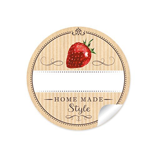 24 STICKER: 24 Schöne Marmeladenetiketten für die Küche in Natur mit Erdbeere:"Home Made Style" mit Freitextfeld für Marmelade, Glasflaschen und Marmeladegläser • Format 4 cm, rund, matt von fioniony