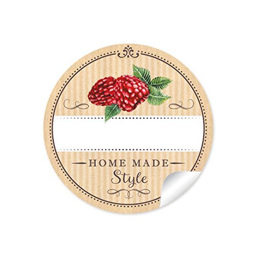 24 STICKER: 24 Schöne Marmeladenetiketten für die Küche in Natur mit Himbeeren:"Home Made Style" mit Freitextfeld für selbstgemachte Marmelade, Glasflaschen und u.v.m. • Format 4 cm, rund, matt von fioniony