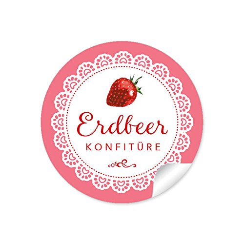24 STICKER: 24 Schöne Marmeladenetiketten für die Küche in Weiß Rot mit liebevoll illustrierter Erdbeere"Erdbeer Konfitüre" (A4 Bogen) • Sticker/Aufkleber/Etiketten im Format 4 cm, rund, matt von fioniony