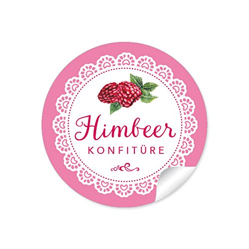 24 STICKER: 24 Schöne Marmeladenetiketten für die Küche in weiß/rosa mit liebevoll illustrierten Himbeeren"Himbeer Konfitüre" (A4 Bogen) • Papieraufkleber im Format 4 cm, matt von fioniony