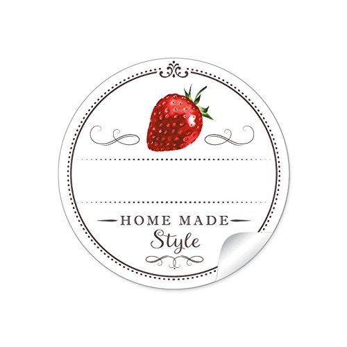 24 STICKER: 24 Schöne Marmeladenetiketten für die Küche in weiß mit Erdbeere:"Home Made Style" mit Freitextfeld für selbstgemachte Marmelade, Einmachgläser, Glasflaschen • Format 4 cm, rund, matt von fioniony