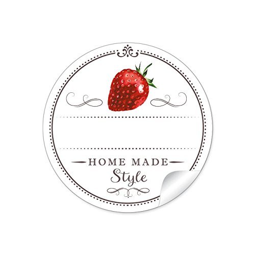 24 STICKER: 24 Schöne Marmeladenetiketten für die Küche in weiß mit Erdbeere: "Home Made Style" mit Freitextfeld für selbstgemachte Marmelade, Einmachgläser, Glasflaschen • Format 4 cm, rund, matt von fioniony