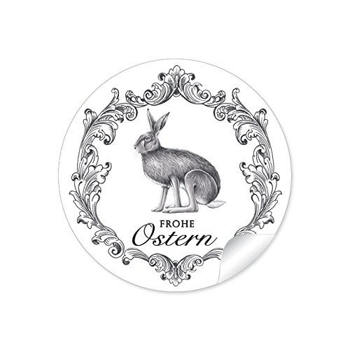 24 STICKER: "Frohe Ostern" 24 Aufkleber zu Ostern im "Retro-Vintage-Style" in SCHWARZ WEIß mit illustriertem Osterhase für schöne Ostergeschenke • Papieraufkleber/Etiketten (Format 4 cm, rund, matt) von fioniony