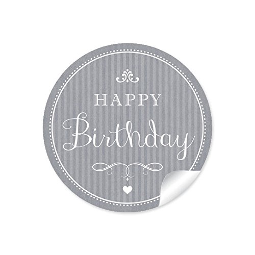 24 STICKER: "Happy Birthday" 24 Geburtstagsaufkleber /Etiketten im "Retro-Vintage-Style" in grau / anthrazit mit Herz und Ornamente (A4 Bogen) • Papieraufkleber (Aufkleber im Format 4 cm, rund, matt ) von fioniony