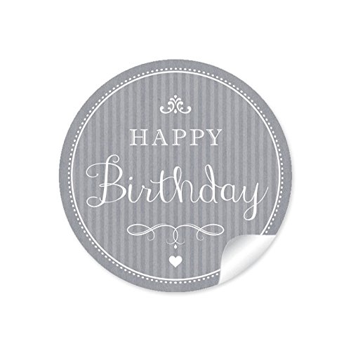 24 STICKER: "Happy Birthday" 24 Geburtstagsaufkleber/Etiketten im "Retro-Vintage-Style" in grau/anthrazit mit Herz und Ornamente (A4 Bogen) • Papieraufkleber (Aufkleber im Format 4 cm, rund, matt) von fioniony