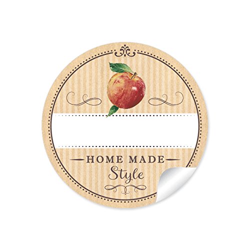 24 STICKER:"Home Made Style" 24 Schöne Etiketten für selbstgemachtes Apfelmus in Natur mit einem Apfel und mit Freitextfeld • Papieraufkleber 4 cm, rund, matt für Gastgeschenke, Einmachgläser von fioniony