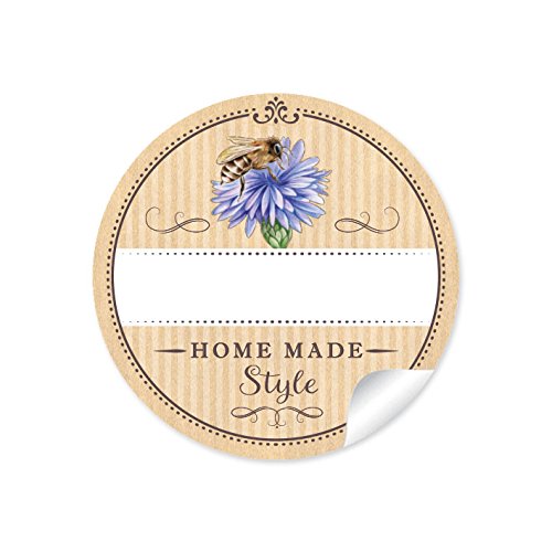 24 STICKER:"Home Made Style" 24 Schöne Honigetiketten für die Küche in Natur mit Biene auf Kornblume: mit Freitextfeld für Honig (A4 Bogen) • Papieraufkleber im Format 4 cm, rund, matt) für Imker von fioniony