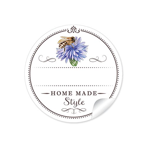24 STICKER:"Home Made Style" 24 Schöne Honigetiketten für die Küche in weiß mit Biene auf Kornblume: mit Freitextfeld für die Honig Sorte (A4 Bogen) • Etiketten im Format 4 cm, rund, matt für Imker von fioniony